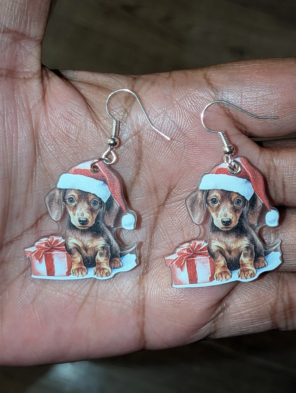 Hand Crafted Dachshund in Santa Hat Acrylic Drop Earrings - Red & Brown